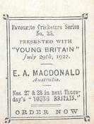 1922 Amalgamated Press Young Britain Favourite Cricketers #25 Edgar Macdonald Back