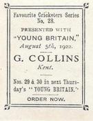1922 Amalgamated Press Young Britain Favourite Cricketers #28 George Collins Back