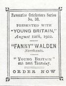 1922 Amalgamated Press Young Britain Favourite Cricketers #30 Fanny Walden Back