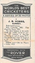 1926 D.C.Thompson The Worlds Best Cricketers (Rover) #1 Jack Hobbs Back