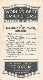 1926 D.C.Thompson The Worlds Best Cricketers (Rover) #2 Maurice Tate Back