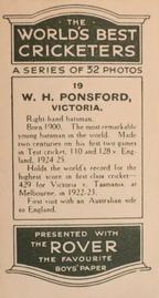 1926 D.C.Thompson The Worlds Best Cricketers (Rover) #19 Bill Ponsford Back