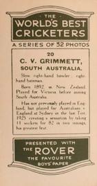 1926 D.C.Thompson The Worlds Best Cricketers (Rover) #20 Clarrie Grimmett Back