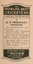1926 D.C.Thompson The Worlds Best Cricketers (Rover) #21 George Macaulay Back