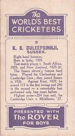 1930 D.C.Thompson The World's Best Cricketers (Rover) #2 K.S. Duleepsinhji Back
