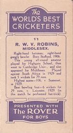 1930 D.C.Thompson The World's Best Cricketers (Rover) #11 Walter Robins Back