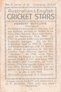 1932 Amalgamated Press Australian & English Cricket Stars #4 Herbert Sutcliffe Back
