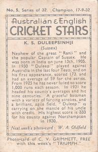 1932 Amalgamated Press Australian & English Cricket Stars #5 K.S. Duleepsinhji Back