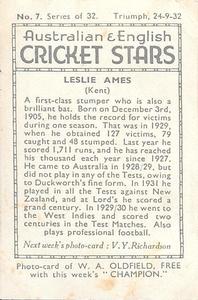1932 Amalgamated Press Australian & English Cricket Stars #7 Leslie Ames Back
