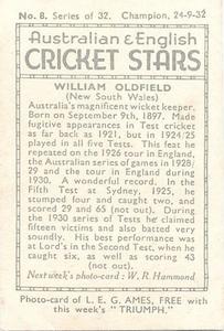 1932 Amalgamated Press Australian & English Cricket Stars #8 William Oldfield Back
