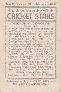 1932 Amalgamated Press Australian & English Cricket Stars #11 George Duckworth Back
