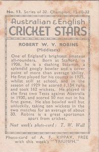 1932 Amalgamated Press Australian & English Cricket Stars #13 Robert W.V. Robins Back