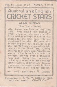 1932 Amalgamated Press Australian & English Cricket Stars #14 Alan Kippax Back