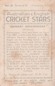 1932 Amalgamated Press Australian & English Cricket Stars #20 Herbert Ironmonger Back