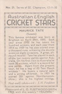 1932 Amalgamated Press Australian & English Cricket Stars #21 Maurice Tate Back