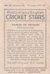 1932 Amalgamated Press Australian & English Cricket Stars #23 Nawab Of Pataudi Back