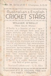 1932 Amalgamated Press Australian & English Cricket Stars #28 William O'Reilly Back