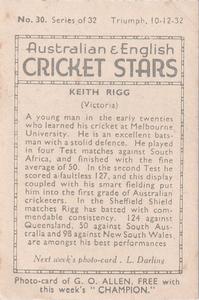 1932 Amalgamated Press Australian & English Cricket Stars #30 Keith Rigg Back