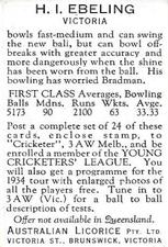 1934 Australian Licorice Australian Cricketers #NNO Hans Ebeling Back