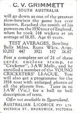 1934 Australian Licorice Australian Cricketers #NNO Clarrie Grimmett Back