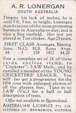 1934 Australian Licorice Australian Cricketers #NNO Roy Lonergan Back