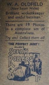 1933 Allen's Australian Cricketers (Steam Rollers) #NNO Bert Oldfield Back