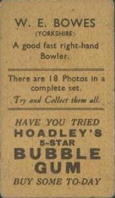 1933 Hoadley's English Cricketers (5-Star Bubble Gum) #NNO Bill Bowes Back