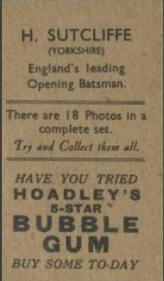 1933 Hoadley's English Cricketers (5-Star Bubble Gum) #NNO Herbert Sutcliffe Back