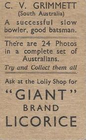 1930-31 Australian Licorice Australian Cricketers #NNO Clarrie Grimmett Back