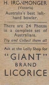 1930-31 Australian Licorice Australian Cricketers #NNO Bert Ironmonger Back