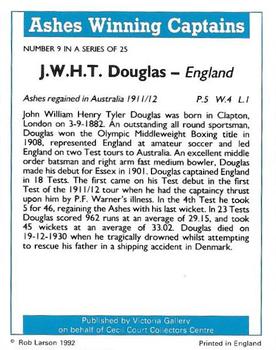 1992 Victoria Gallery Ashes Winning Captains #9 Johnny Douglas Back