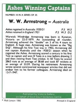 1992 Victoria Gallery Ashes Winning Captains #10 Warwick Armstrong Back