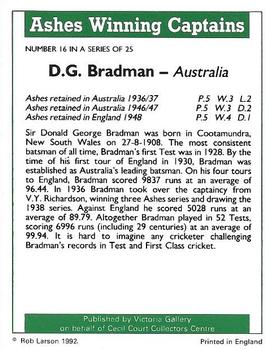 1992 Victoria Gallery Ashes Winning Captains #16 Don Bradman Back