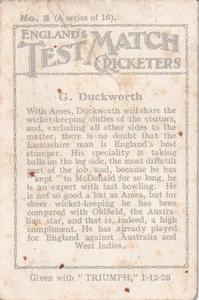 1928 Amalgamated Press England's Test Match Cricketers #3 George Duckworth Back