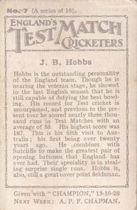 1928 Amalgamated Press England's Test Match Cricketers #7 Jack Hobbs Back