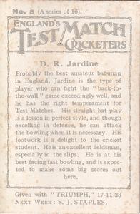 1928 Amalgamated Press England's Test Match Cricketers #8 Douglas Jardine Back