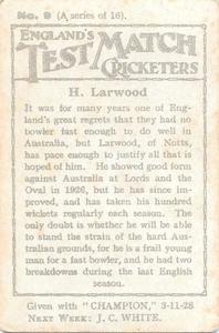 1928 Amalgamated Press England's Test Match Cricketers #9 Harold Larwood Back