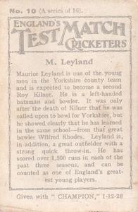 1928 Amalgamated Press England's Test Match Cricketers #10 Maurice Leyland Back