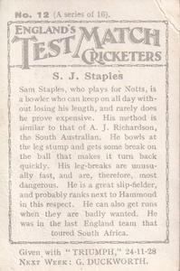 1928 Amalgamated Press England's Test Match Cricketers #12 Sam Staples Back