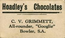1928 Hoadley's Cricketers #NNO Clarrie Grimmett Back