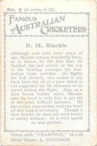 1928-29 Amalgamated Press Famous Australian Cricketers #2 Don Blackie Back