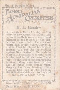 1928-29 Amalgamated Press Famous Australian Cricketers #5 Hunter Hendry Back