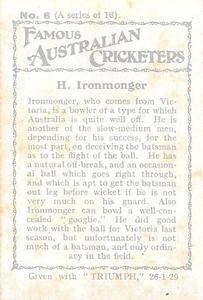 1928-29 Amalgamated Press Famous Australian Cricketers #6 Bert Ironmonger Back