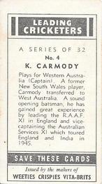 1948 Nabisco Leading Cricketers #4 Keith Carmody Back