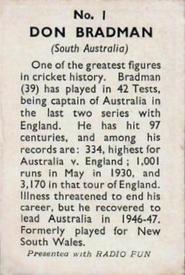 1947 Amalgamated Press Radio Fun Cricketers #1 Don Bradman Back