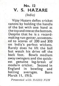 1947 Amalgamated Press Radio Fun Cricketers #12 Vijay Hazare Back