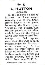1947 Amalgamated Press Radio Fun Cricketers #13 Len Hutton Back