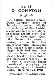 1947 Amalgamated Press Radio Fun Cricketers #15 Denis Compton Back