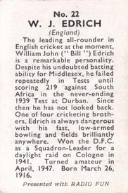 1947 Amalgamated Press Radio Fun Cricketers #22 Bill Edrich Back