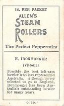 1934-35 Allen's Cricketers #21 Bert Ironmonger Back